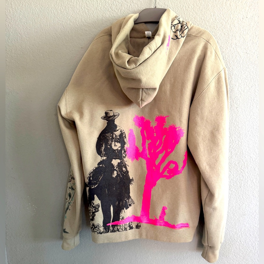 Artisan hand printed hoodie in taupe M Wednesday Addams Joshua Tree Cowboy